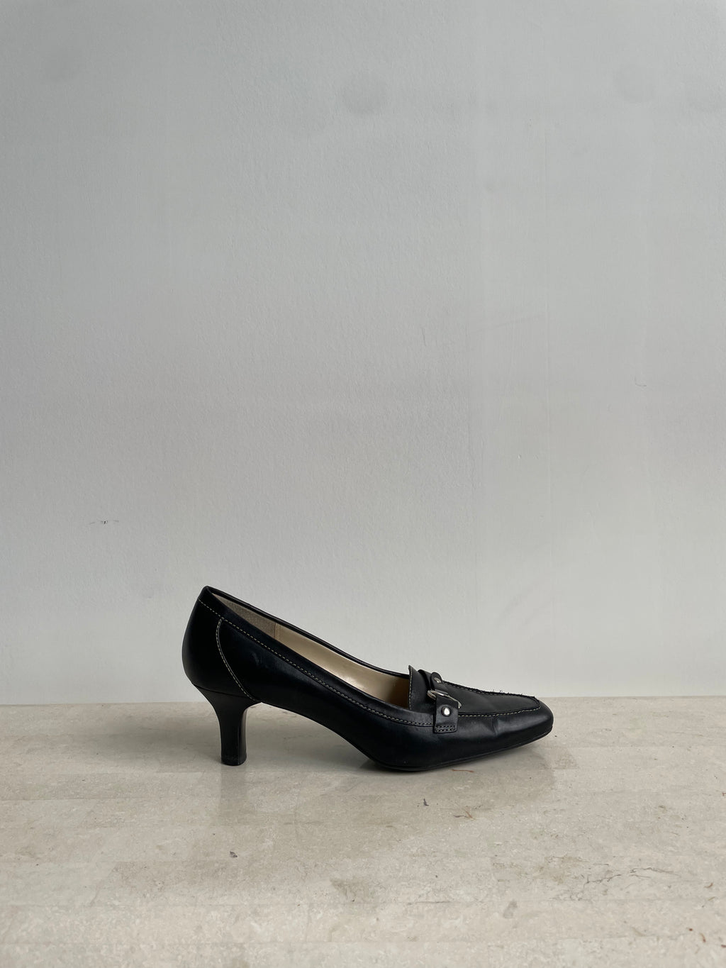 Black Leather Square-Toe Heels