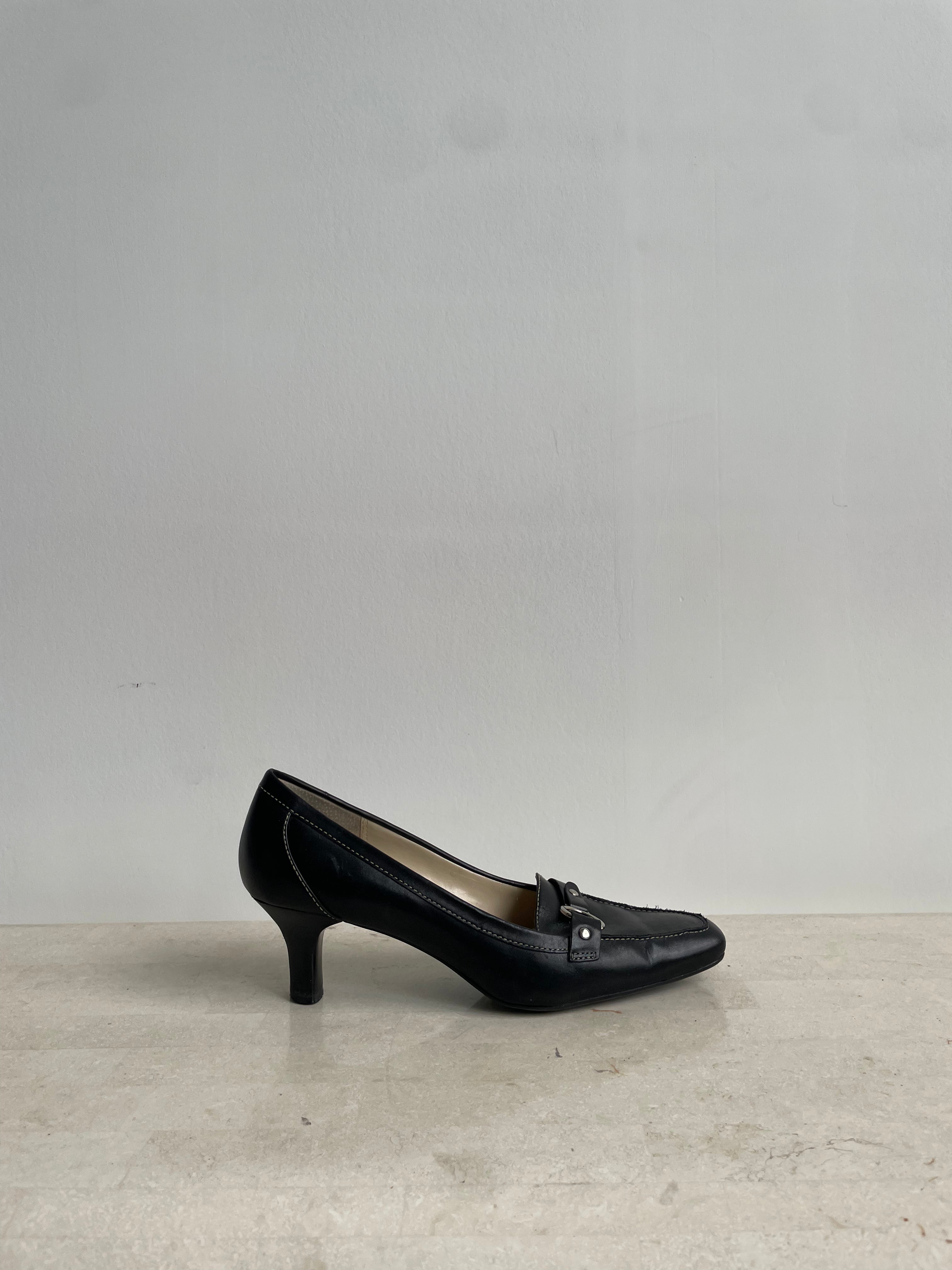 Black Leather Square-Toe Heels