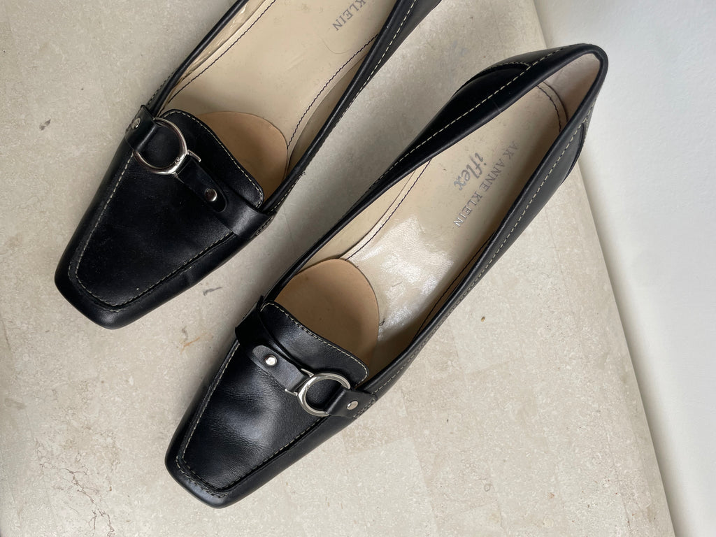 Black Leather Square-Toe Heels
