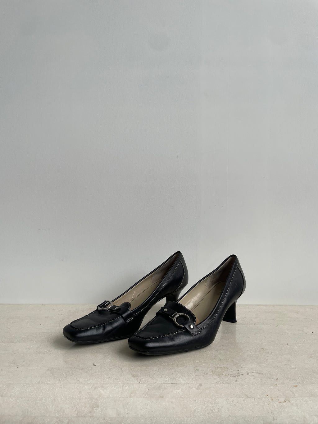 Black Leather Square-Toe Heels