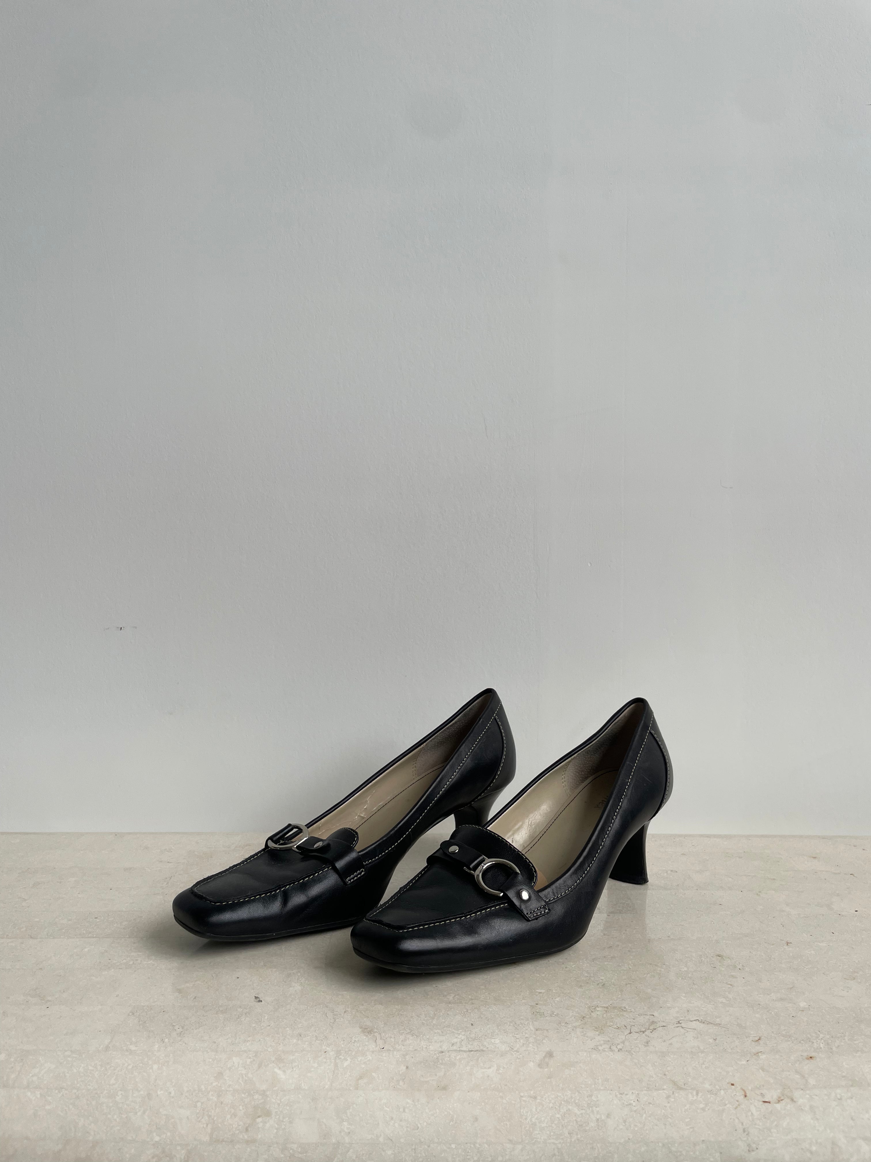 Black Leather Square-Toe Heels
