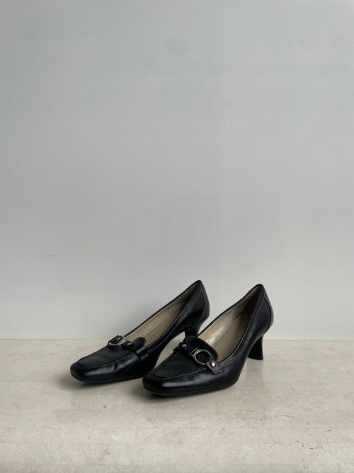 Black Leather Square-Toe Heels
