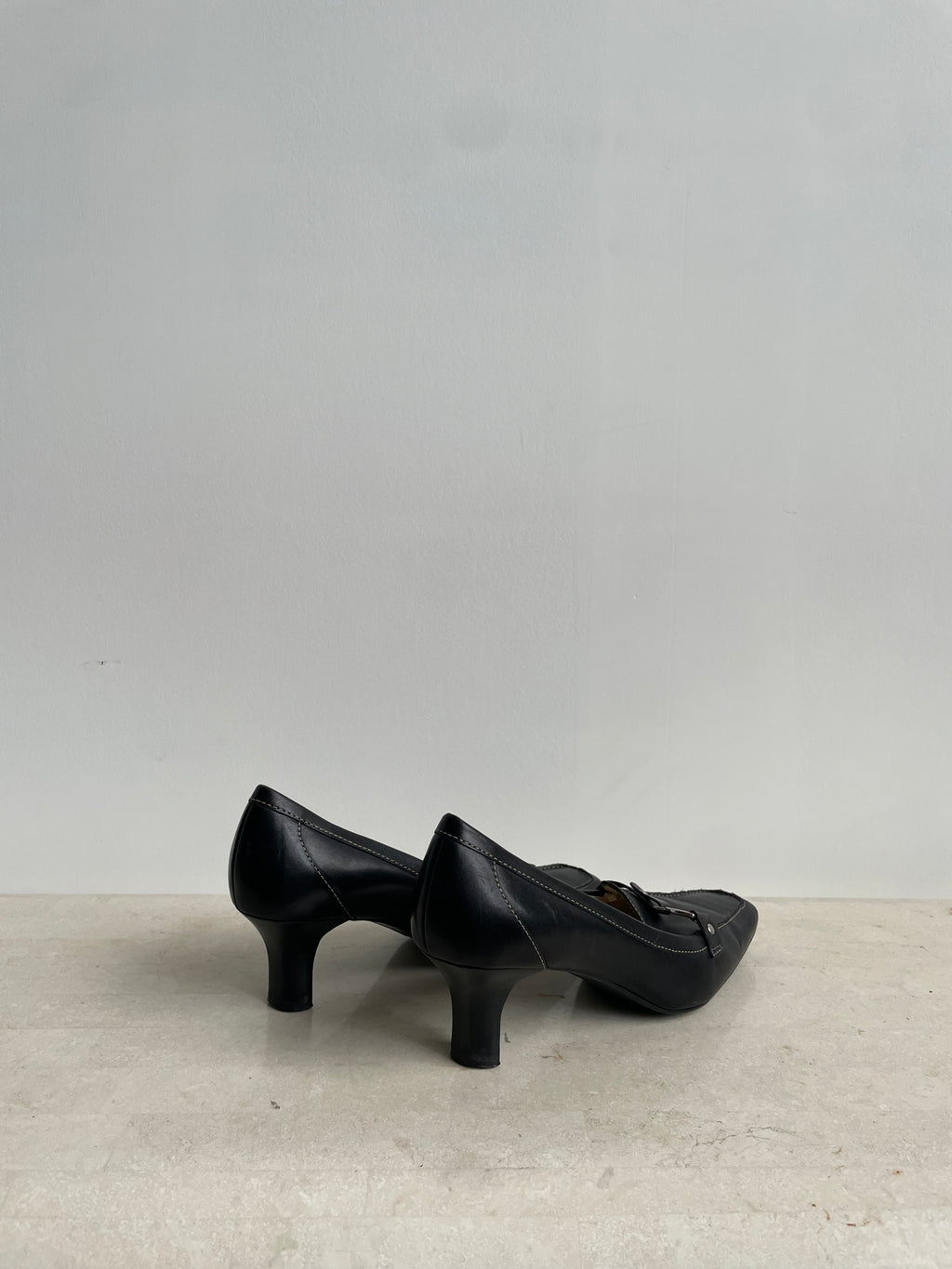 Black Leather Square-Toe Heels