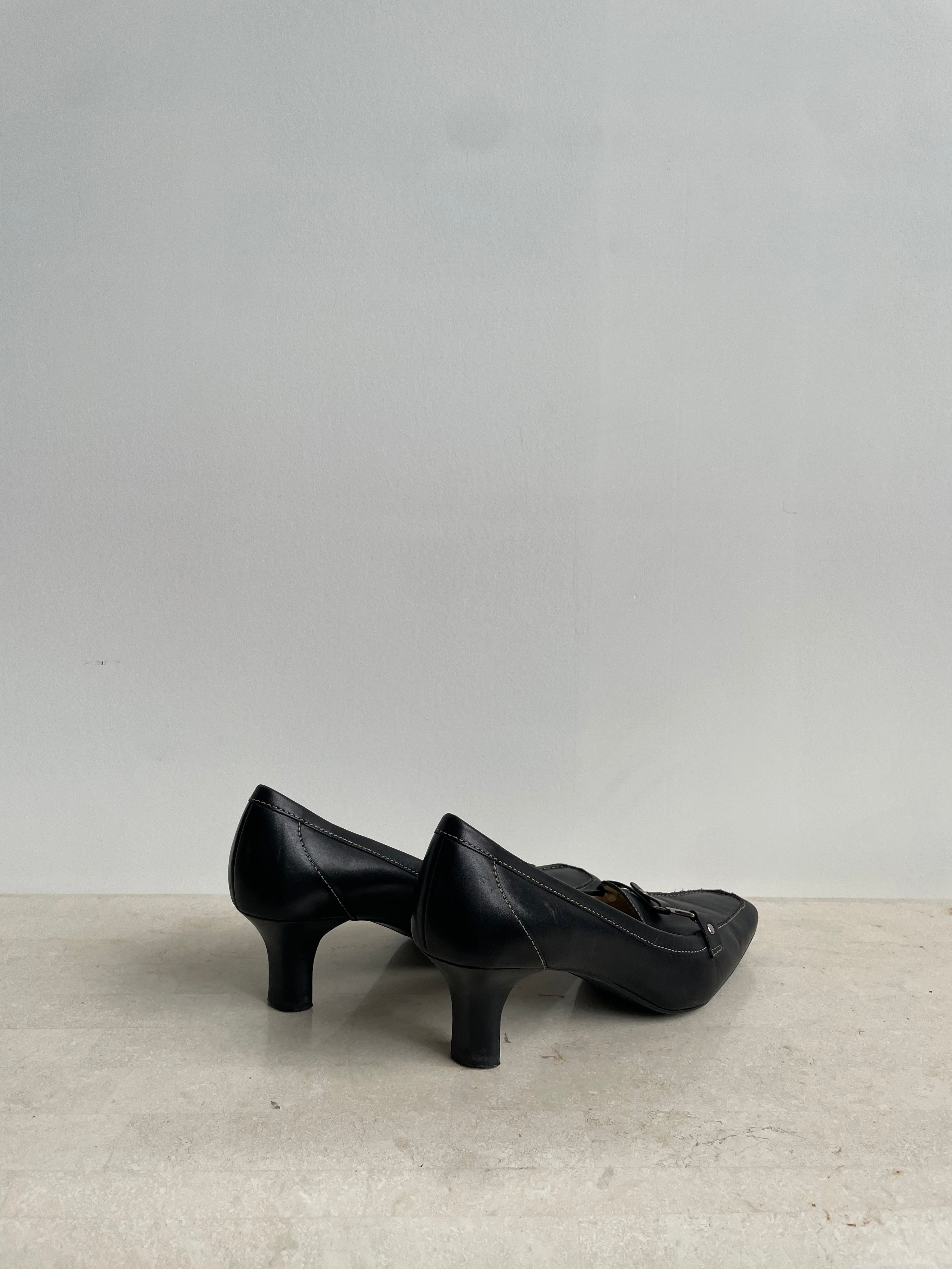 Black Leather Square-Toe Heels