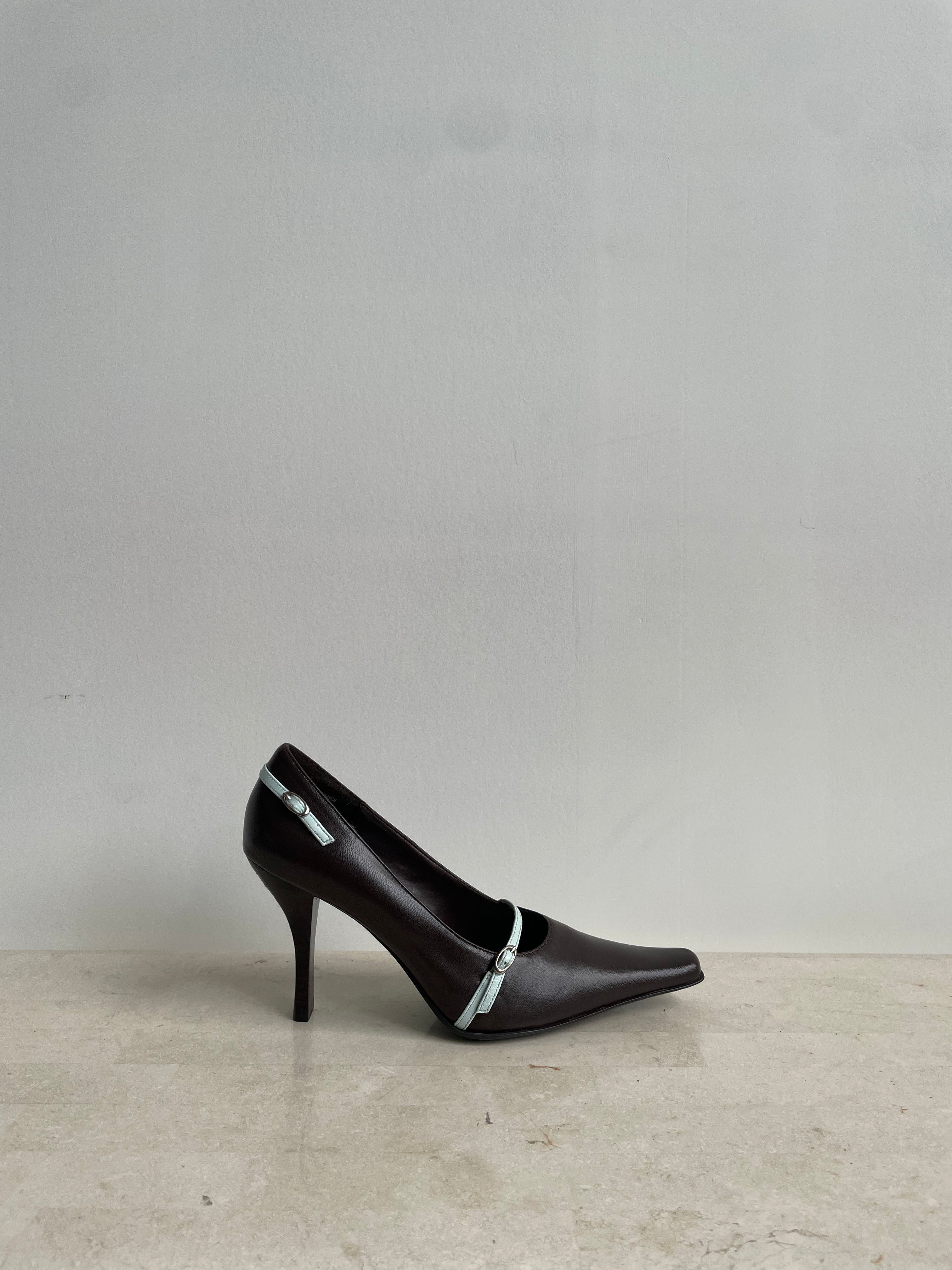 Brown Leather Buckle Heels