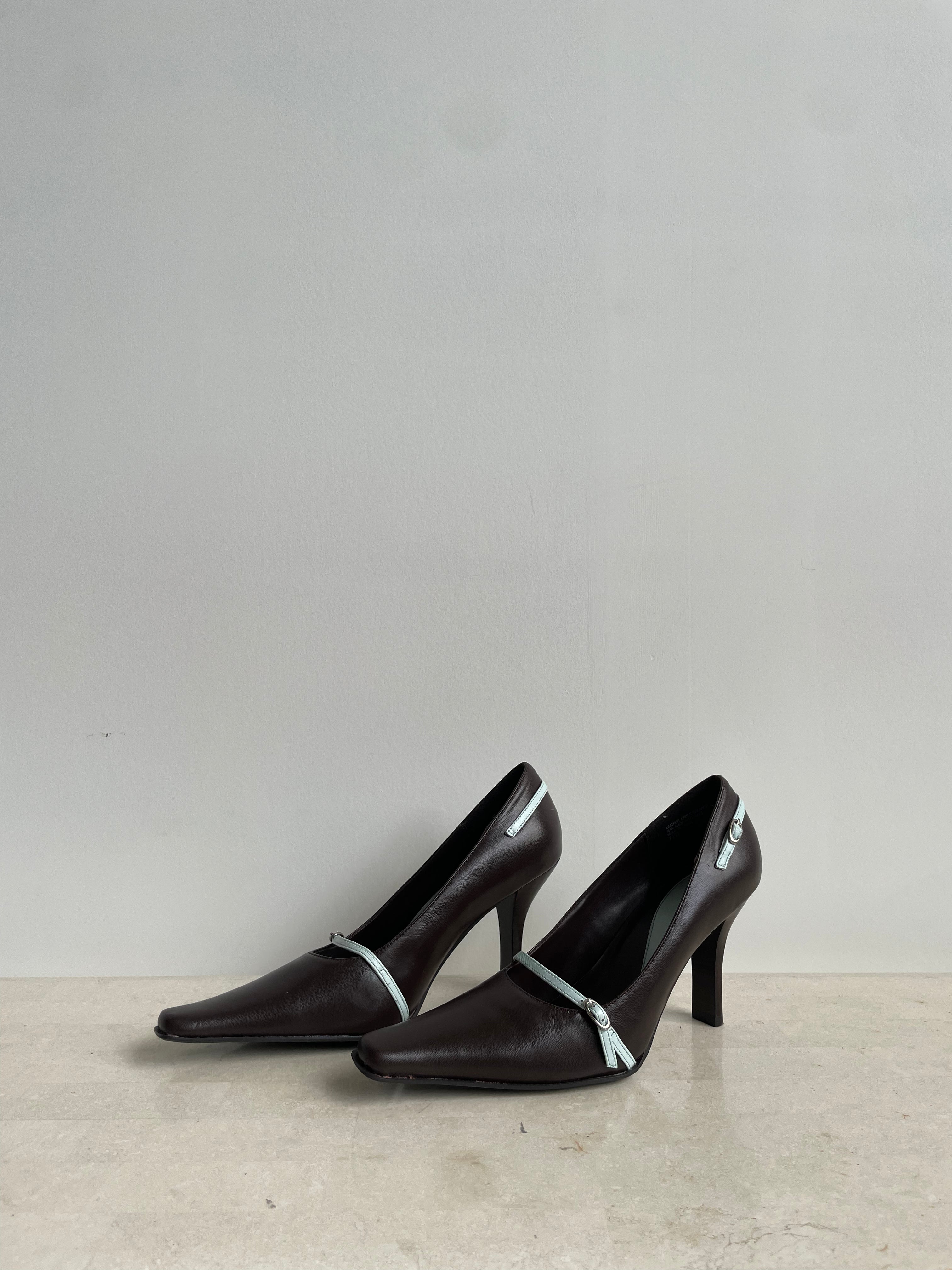 Brown Leather Buckle Heels