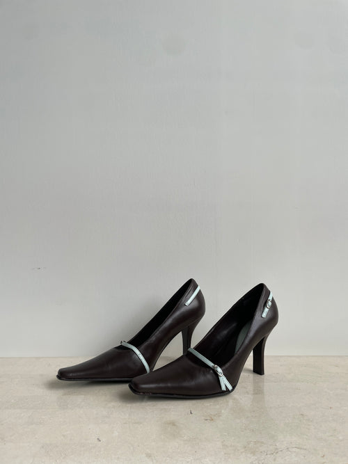 Brown Leather Buckle Heels